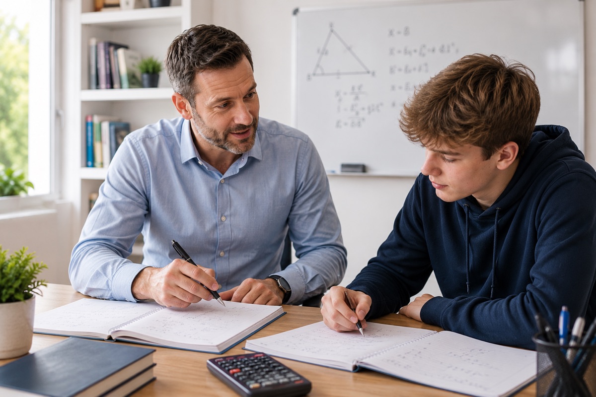 Math tutor sitting with a teenage student at a desk, going through worked maths problems together with a whiteboard of geometry and algebra formulas behind them